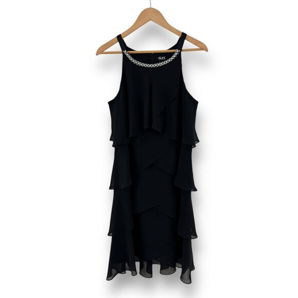 Size 12 BLACK CHIFFON TIERED DRESS W/PEARL BEADED NECKLINE Wedding Evening Party - Picture 4 of 6